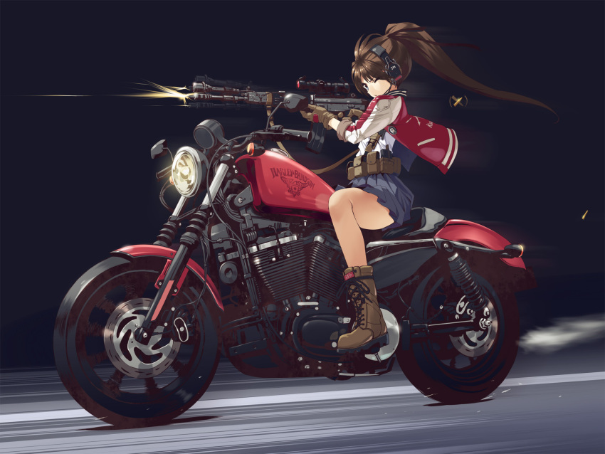 1girl afterimage assault_rifle bangs black_background blue_eyes blue_skirt boots brown_footwear brown_gloves brown_hair brown_ribbon closed_mouth commentary_request cross-laced_footwear ear_protection firing gloves ground_vehicle gun hair_ribbon harley_davidson highres holding holding_gun holding_weapon howa_type_89 jacket kankurou lace-up_boots letterman_jacket light long_hair long_sleeves looking_away motion_blur motor_vehicle motorcycle muzzle_flash on_motorcycle one_eye_closed open_clothes open_jacket original pleated_skirt ponytail red_jacket ribbon riding rifle scope shell_casing sitting skirt smoke solo vehicle_request very_long_hair weapon