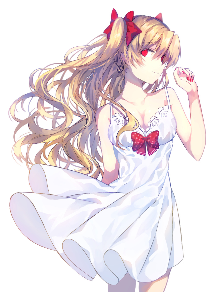 1girl absurdres blonde_hair bow breasts cleavage collarbone cowboy_shot deep_(deep4946) dress earrings ereshkigal_(fate/grand_order) eyebrows_visible_through_hair fate/grand_order fate_(series) floating_hair hair_between_eyes hair_bow highres jewelry long_hair looking_at_viewer medium_breasts nail_polish polka_dot polka_dot_bow red_bow red_eyes red_nails simple_background sleeveless sleeveless_dress smile solo standing sundress twintails very_long_hair white_background white_dress