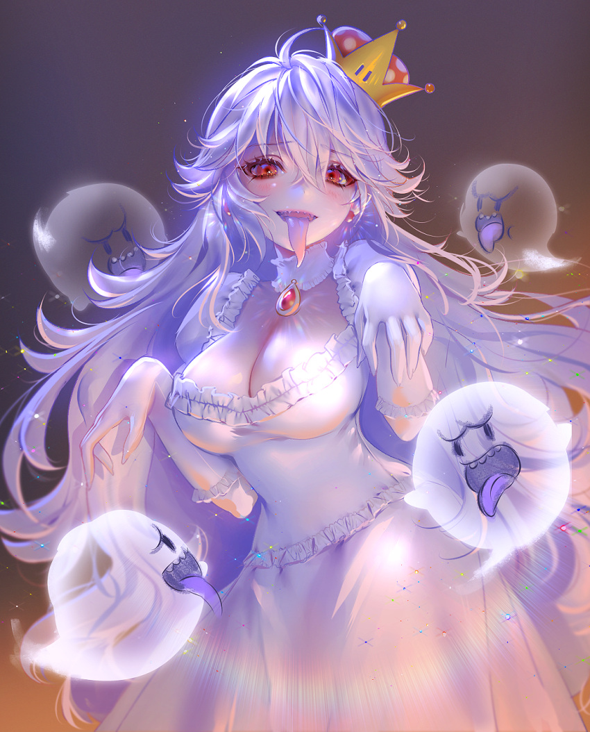 1girl bangs blush breasts brooch cleavage crown detached_collar dress earrings eyebrows_visible_through_hair frilled_dress frilled_gloves frills ghost_pose gloves hair_between_eyes highres jewelry large_breasts long_hair long_tongue looking_at_viewer luigi's_mansion super_mario_bros. new_super_mario_bros._u_deluxe nintendo open_mouth pointy_ears princess_king_boo puffy_short_sleeves puffy_sleeves red_eyes sharp_teeth short_sleeves super_crown teeth tongue tongue_out white_dress white_gloves white_hair zenke
