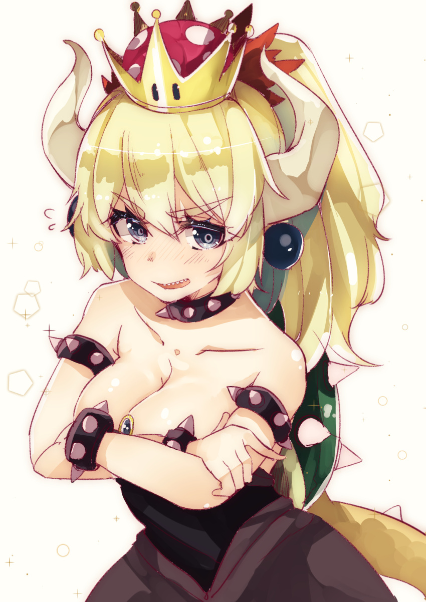 1girl bare_shoulders blonde_hair blue_eyes blush bowsette bracelet breasts cleavage collar collarbone crossed_arms crown eyebrows eyebrows_visible_through_hair highres horns jewelry large_breasts looking_at_viewer super_mario_bros. new_super_mario_bros._u_deluxe nintendo open_mouth ponytail sharp_teeth short_hair sketch solo spiked_armlet spiked_bracelet spiked_collar spikes super_crown tail teeth yunekoko