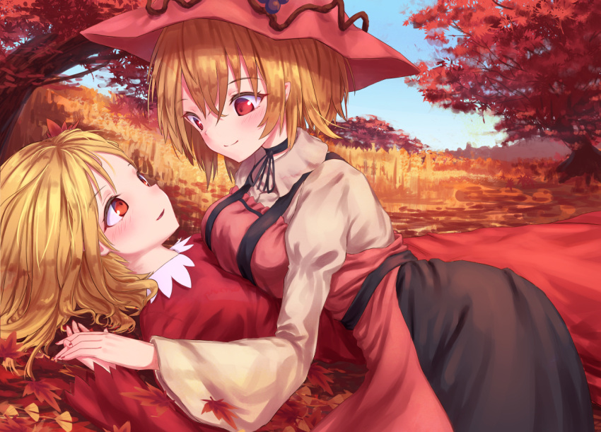 2girls aki_minoriko aki_shizuha ass autumn autumn_leaves bangs black_choker black_ribbon black_skirt blonde_hair blue_sky blush breast_rest breasts choker commentary_request day dress eye_contact eyebrows_visible_through_hair food_themed_hair_ornament grape_hair_ornament hair_between_eyes hair_ornament hand_up hat incest juliet_sleeves kneeling large_breasts leaf long_sleeves looking_at_another lying mob_cap multiple_girls nail_polish nature on_back outdoors parted_lips puffy_sleeves red_dress red_eyes red_hat red_nails ribbon roke_(taikodon) shirt short_hair siblings sisters skirt sky smile strapless strapless_dress touhou tree wide_sleeves yellow_shirt yuri