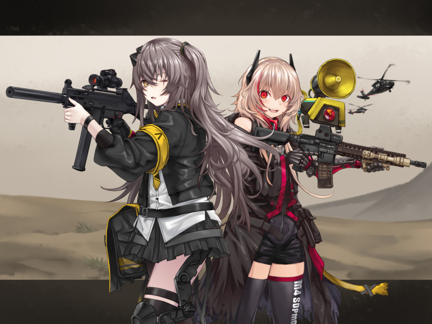 2girls :d aircraft assault_rifle bangs black_jacket black_jumpsuit black_legwear black_skirt brown_eyes brown_hair character_name commentary_request dinergate_(girls_frontline) dress_shirt eyebrows_visible_through_hair girls_frontline gun h&amp;k_ump45 hair_between_eyes hair_ornament headgear helicopter highres holding holding_gun holding_weapon ivan_wang jacket long_hair long_sleeves m4_carbine m4_sopmod_ii_(girls_frontline) mod3_(girls_frontline) multicolored_hair multiple_girls object_namesake one_eye_closed one_side_up open_clothes open_jacket open_mouth parted_lips pleated_skirt puffy_long_sleeves puffy_sleeves red_eyes redhead rifle ro635_(dinergate) sand scar scar_across_eye shirt short_jumpsuit skirt smile standing streaked_hair thigh-highs ump45_(girls_frontline) very_long_hair weapon white_shirt