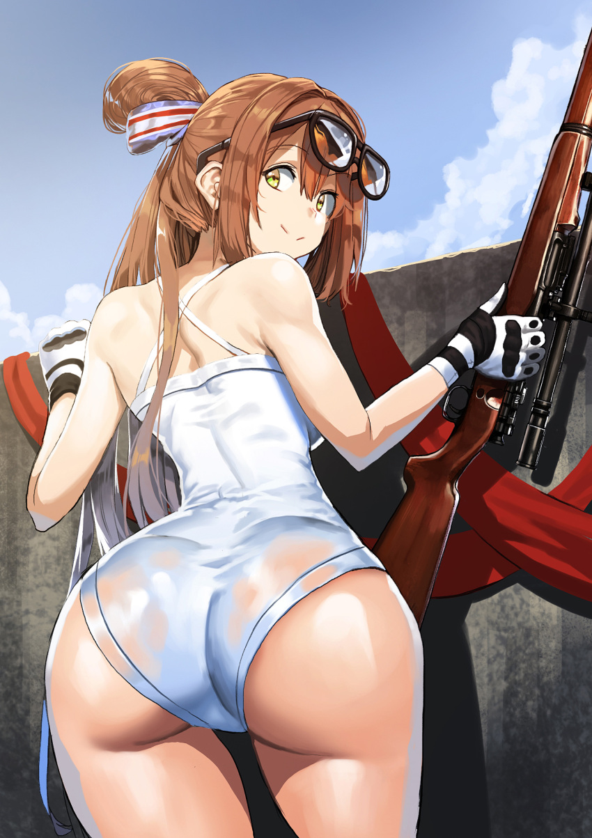 1girl alternate_costume ass back bangs bare_arms bare_shoulders black-framed_eyewear blush bolt_action breasts brown_hair clouds curvy eyebrows_visible_through_hair eyewear_on_head from_behind girls_frontline glasses glasses_on_head gloves green_eyes gun hair_between_eyes hair_ribbon hair_rings highres hips holding holding_gun holding_weapon huge_ass ihobus large_breasts long_hair looking_at_viewer looking_back m1903_springfield m1903_springfield_(girls_frontline) one-piece_swimsuit outdoors ribbon rifle shoulder_blades sidelocks sky smile solo swimsuit thick_thighs thighs tied_hair twintails weapon white_swimsuit wide_hips