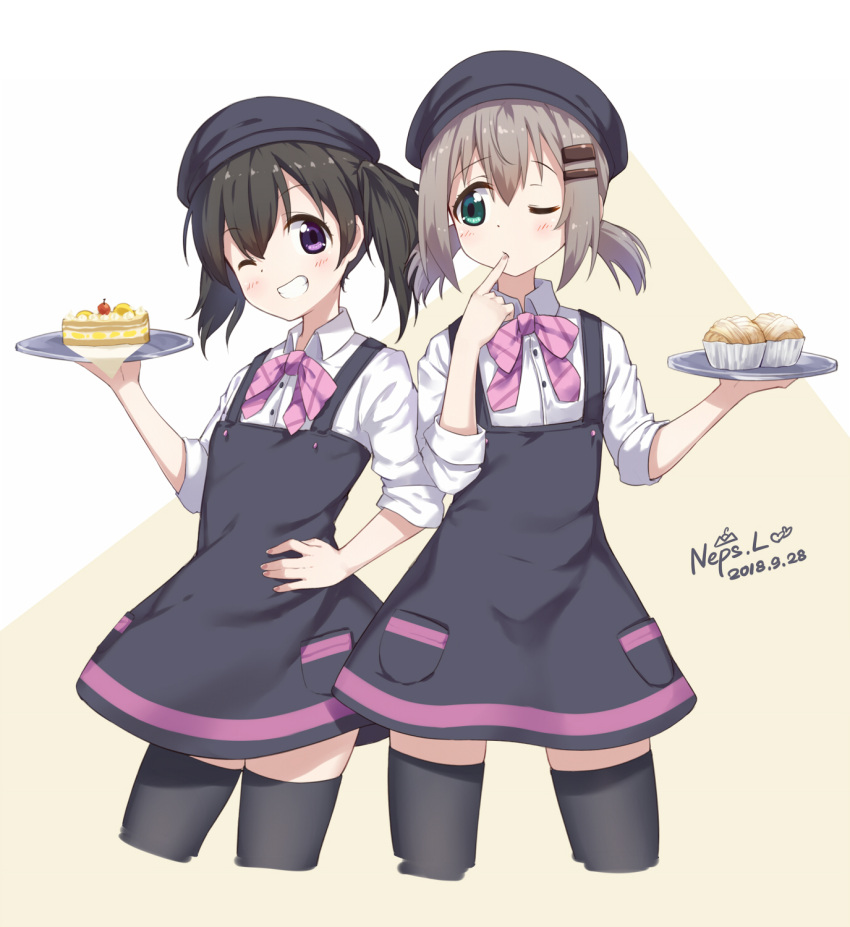 2girls aqua_eyes artist_name bangs beret black_hair black_legwear bow bowtie cake chinese_commentary collared_shirt commentary_request contrapposto cowboy_shot cropped_legs cupcake dated dress employee_uniform eyebrows_visible_through_hair finger_to_mouth food grey_hair grin hair_ornament hairclip hand_on_hip hat highres holding holding_tray kuraue_hinata looking_at_viewer multiple_girls neps-l one_eye_closed pinafore_dress pink_neckwear pocket shirt short_hair short_twintails sleeves_folded_up slice_of_cake smile standing thigh-highs tray twintails two-tone_background uniform violet_eyes white_shirt wing_collar yama_no_susume yukimura_aoi