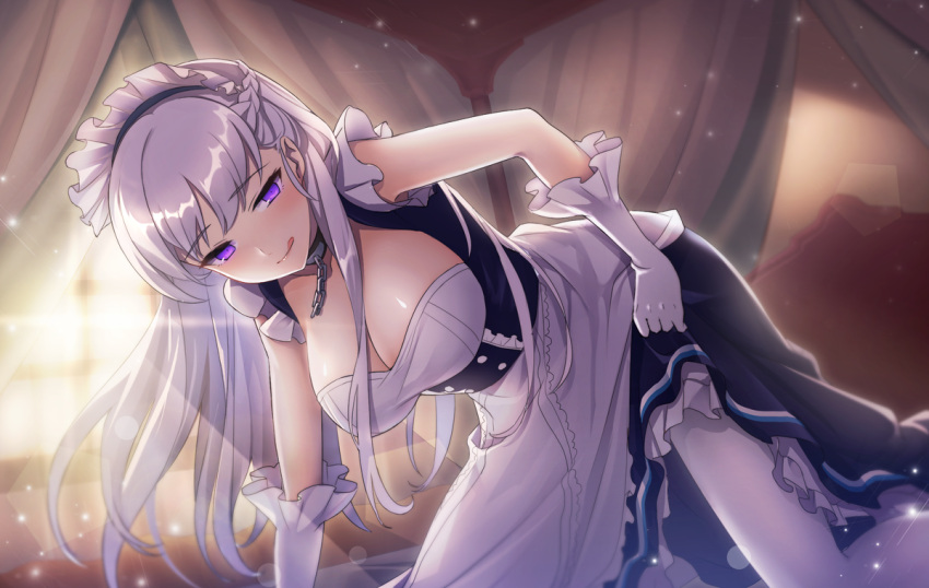 1girl :q all_fours apron azur_lane bangs belfast_(azur_lane) blue_eyes blurry blurry_background blush braid breasts chains cleavage collar collarbone curtains dress dress_lift evening eyebrows_visible_through_hair french_braid frilled_gloves frills gloves half-closed_eyes indoors large_breasts licking_lips lifted_by_self light_particles long_hair looking_at_viewer maid maid_headdress pantsu_majirou shiny shiny_skin sidelocks silver_hair smile solo tongue tongue_out white_gloves window
