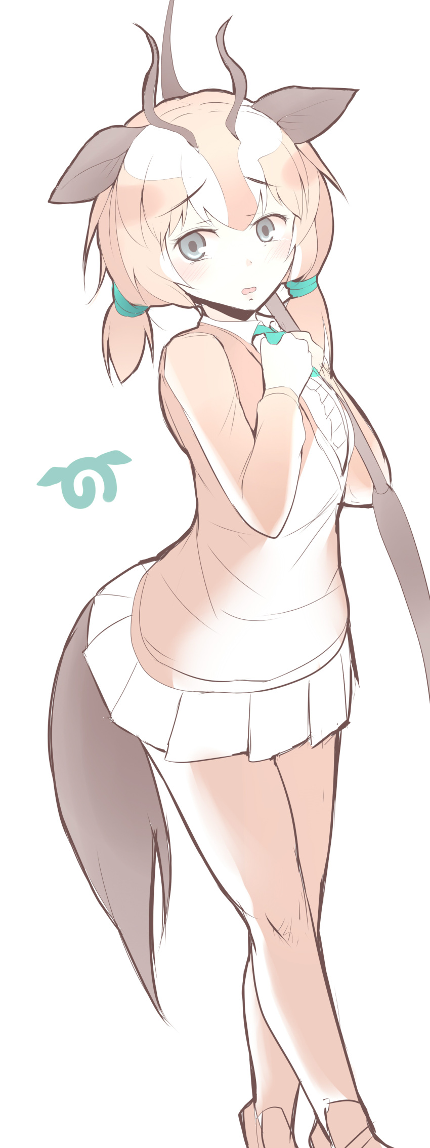 1girl absurdres commentary eyebrows_visible_through_hair gazelle_ears gazelle_tail grey_eyes hands_on_own_chest highres horns japari_symbol kanzakietc kemono_friends legs_crossed looking_at_viewer low_twintails medium_hair pleated_skirt rhim_gazelle_(kemono_friends) scared short_twintails simple_background skirt solo twintails white_background white_skirt