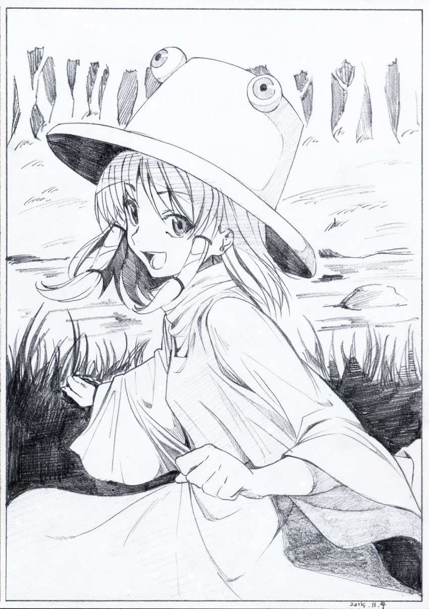 1girl :d absurdres black_border border commentary_request dated eyebrows_visible_through_hair graphite_(medium) grass greyscale hat highres long_sleeves looking_at_viewer monochrome moriya_suwako open_mouth pink_x scan skirt smile solo touhou traditional_media vest wide_sleeves