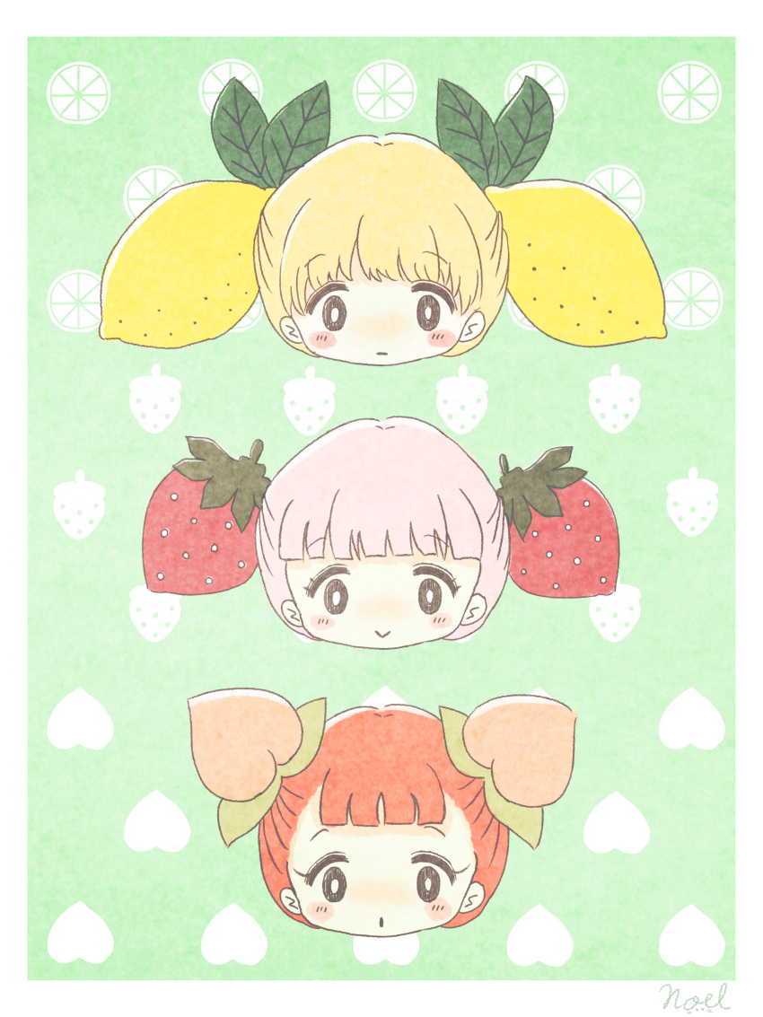 3girls absurdres artist_name bangs black_eyes blunt_bangs blush double_bun eyebrows_visible_through_hair food food_on_head fruit fruit_background fruit_on_head green_background hair_as_food head highres lemon looking_at_viewer multiple_girls noeru_(noellemonade) object_on_head original parted_lips patterned_background peach smile strawberry twintails