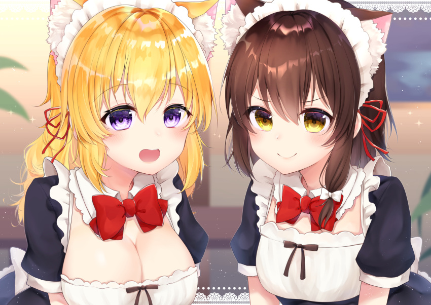 2girls :d animal_ear_fluff animal_ears bangs black_dress blonde_hair blush bow bowtie breasts brown_eyes brown_hair cat_ears cleavage closed_mouth commentary_request detached_collar dress eyebrows_visible_through_hair gyozanuko hair_between_eyes hair_ribbon highres lace_border large_breasts long_hair maribel_hearn multiple_girls open_mouth puffy_short_sleeves puffy_sleeves red_neckwear red_ribbon ribbon short_sleeves small_breasts smile touhou upper_teeth usami_renko violet_eyes white_bow white_collar wing_collar