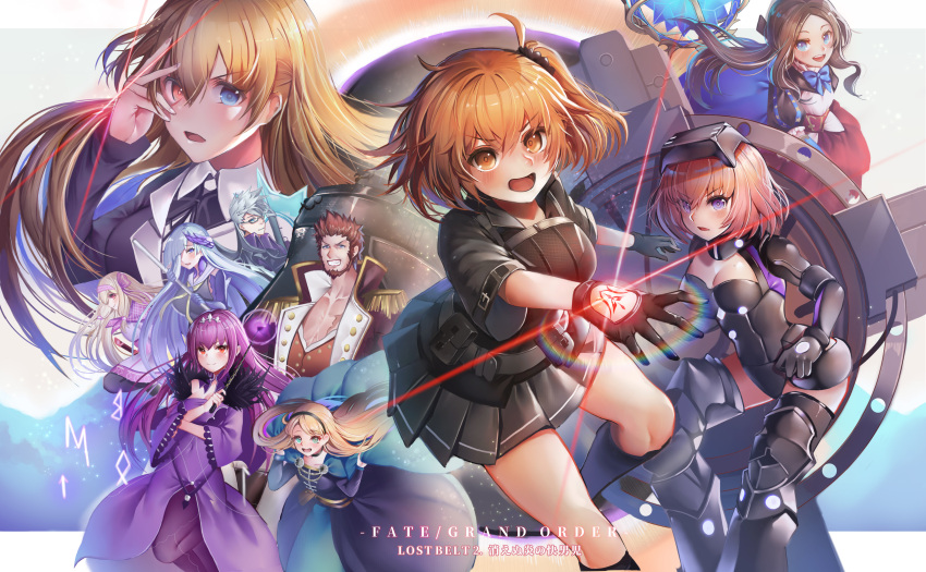 2boys 6+girls :d absurdres black_gloves black_skirt blonde_hair blue_bow blue_dress blue_eyes blush bow breasts brown_eyes brown_hair character_request cleavage copyright_name dress epaulettes fate/grand_order fate_(series) feathers fujimaru_ritsuka_(female) glasses gloves grin hair_between_eyes hair_feathers hair_over_one_eye hairband heterochromia highres leonardo_da_vinci_(fate/grand_order) long_hair looking_at_viewer mash_kyrielight medium_breasts multiple_boys multiple_girls napoleon_bonaparte_(fate/grand_order) open_mouth ophelia_phamrsolone para3318 purple_dress purple_hair runes scathach_(fate)_(all) scathach_skadi_(fate/grand_order) short_hair short_ponytail side_ponytail skirt smile standing standing_on_one_leg wand welding_mask