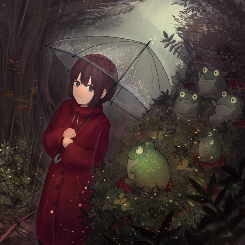 1girl akainoda brown_eyes brown_hair bush forest frog highres looking_at_viewer nature original outdoors parasol rain raincoat short_hair standing transparent transparent_umbrella tree umbrella