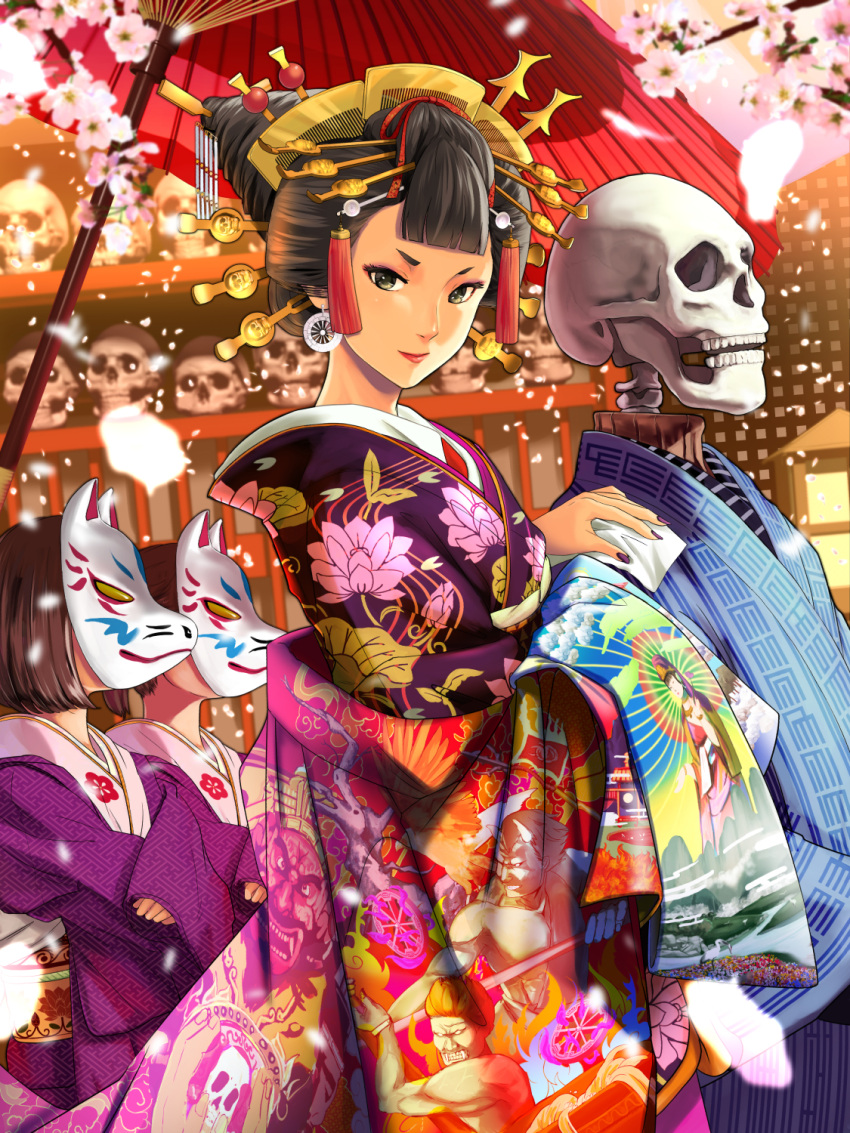 3girls bangs blunt_bangs brown_eyes brown_hair cherry_blossoms closed_mouth commentary_request earrings fingernails floral_print fox_mask from_side hair_ornament hairpin handkerchief haori highres holding japanese_clothes jewelry kimono lipstick long_sleeves looking_at_viewer looking_to_the_side makeup mask multicolored multicolored_clothes multicolored_kimono multiple_girls munakata_(hisahige) nail_polish obi oriental_umbrella petals purple_nails red_lipstick red_umbrella sash shingoku_no_valhalla_gate skeleton skull smile solo_focus standing tassel tree_branch umbrella wide_sleeves yuujo