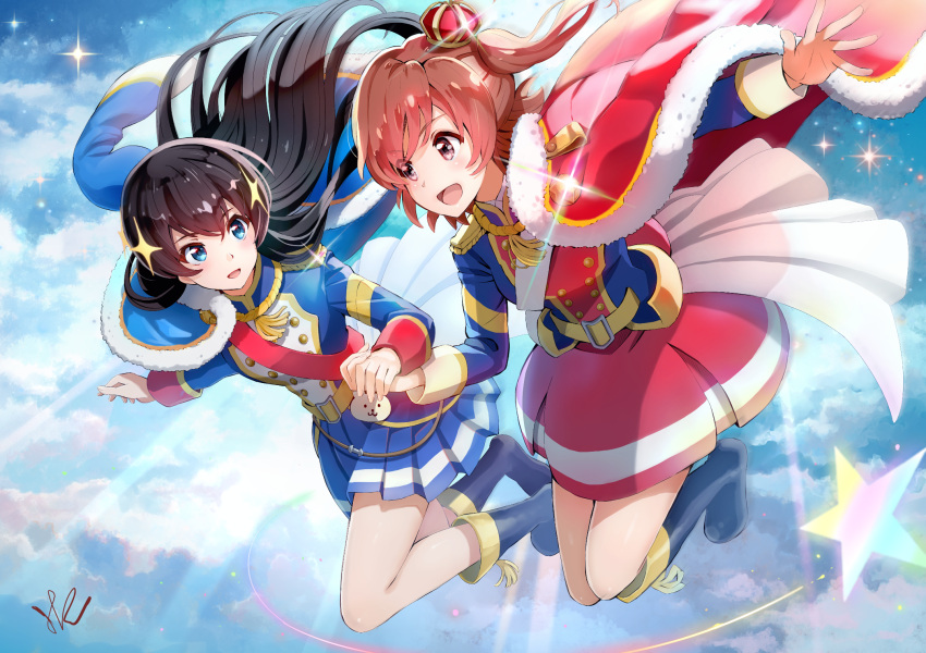 2girls :d aijou_karen belt black_hair blue_eyes blush boots brown_eyes brown_hair clouds cloudy_sky crown double-breasted eyebrows_visible_through_hair fur_trim hand_holding highres hoshizaki_reita jacket_on_shoulders kagura_hikari long_hair looking_at_another midair mini_crown multiple_girls open_mouth pleated_skirt sash shoujo_kageki_revue_starlight skirt sky smile sparkle sparkle_hair_ornament star star_(sky) tassel two_side_up waist_cape