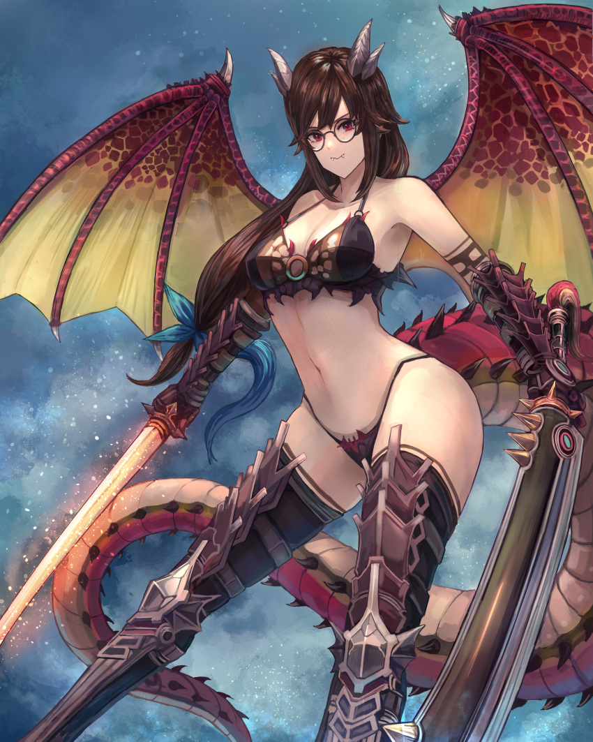 1girl absurdres akainoda bare_shoulders black-framed_eyewear black_panties blue_sky breasts brown_hair cleavage dragon_girl dragon_horns dragon_wings dual_wielding fangs gauntlets glasses greaves highres holding holding_sword holding_weapon horns huge_filesize long_hair looking_at_viewer medium_breasts navel original panties red_eyes sky sword tail underwear weapon wings