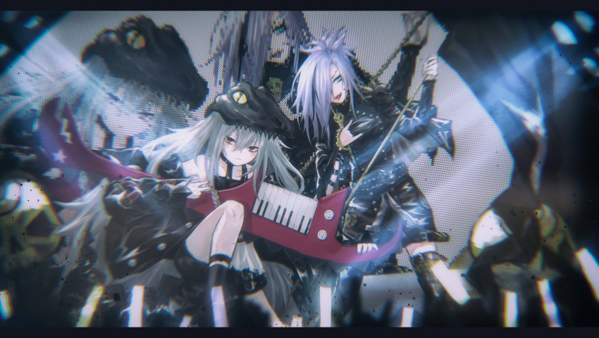 2girls absurdres alternate_costume bangs belt black_jacket black_jumpsuit black_shorts blush boots breasts chromatic_aberration closed_mouth collarbone commentary eyebrow_piercing facepaint g11_(girls_frontline) girls_frontline grey_hair hair_between_eyes hair_over_one_eye hat highres holding holding_instrument holding_microphone holding_microphone_stand instrument jacket keytar large_breasts letterboxed long_hair looking_at_viewer medium_breasts mg5_(girls_frontline) microphone multiple_girls music nail_polish off_shoulder open_mouth piercing ponytail punk red_eyes red_nails rocker-chic screen shirt short_jumpsuit short_shorts shorts sidelocks silver_hair singing skull sleeveless sleeveless_shirt standing studded_belt thigh-highs thigh_boots thigh_strap tongue tongue_out torn_clothes torn_shirt upper_teeth very_long_hair yui_(92935941)