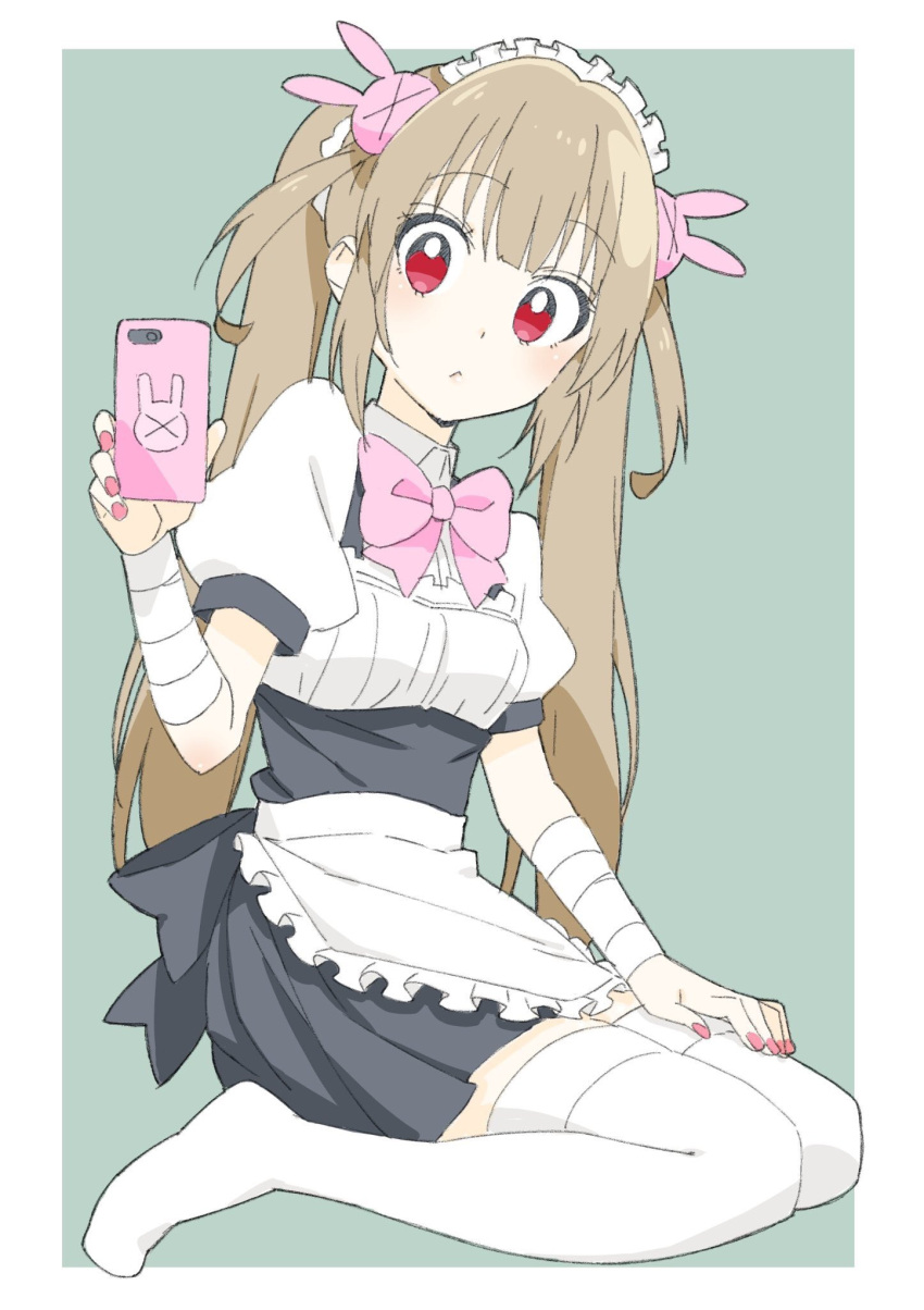 1girl alternate_costume apron bad_id bad_twitter_id black_dress blonde_hair blush bow bowtie bright_pupils bunny_hair_ornament cellphone closed_mouth donguri_suzume dress enmaided eyebrows_visible_through_hair fingernails from_side green_background hair_ornament hand_up highres holding holding_cellphone holding_phone long_hair looking_at_viewer looking_to_the_side maid maid_apron maid_headdress nail_polish natori_sana phone pink_neckwear puffy_short_sleeves puffy_sleeves red_eyes red_nails sana_channel self_shot short_sleeves simple_background sitting smartphone solo thigh-highs twintails two_side_up waist_apron wariza white_apron white_legwear