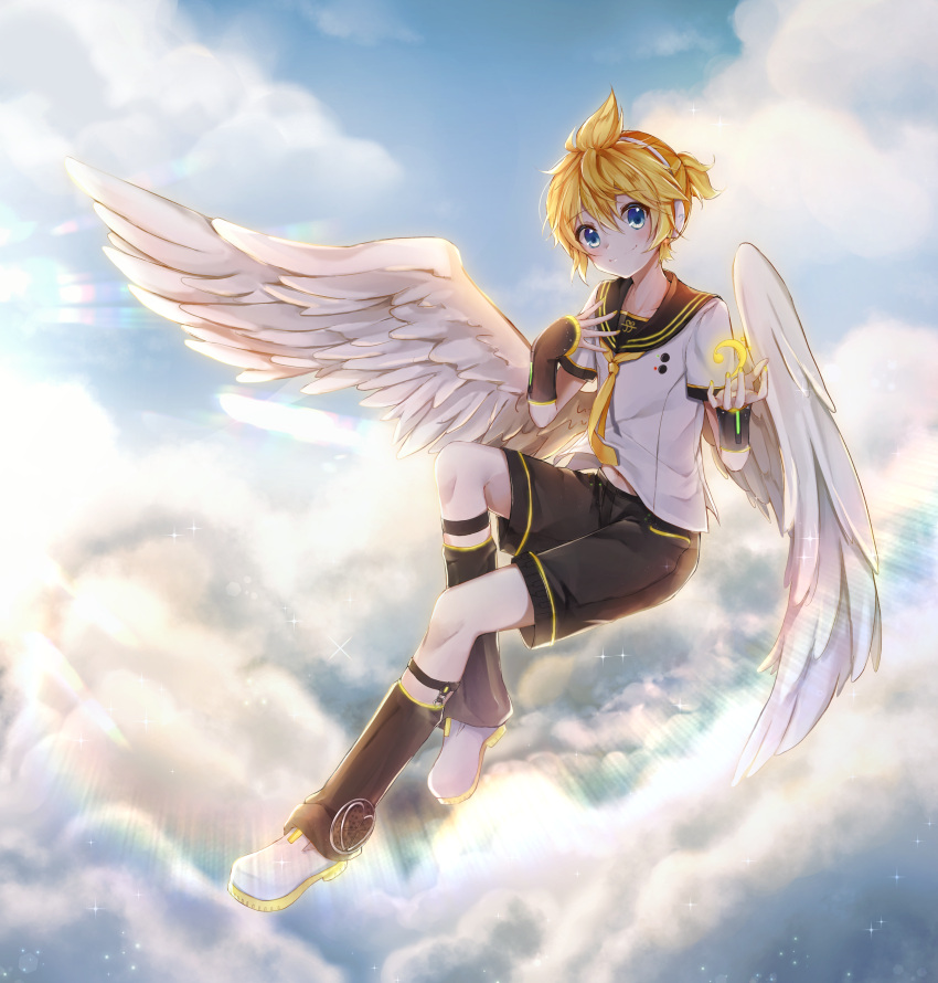 1boy absurdres angel_wings bass_clef blonde_hair blue_eyes clouds detached_sleeves feathered_wings feathers flying headset highres kagamine_len leg_warmers looking_at_viewer male_focus necktie sailor_collar shorts smile solo vocaloid white_wings wings yukkurin
