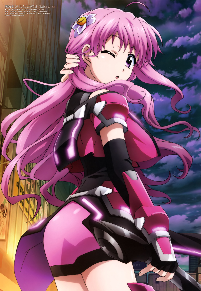 1girl ;o absurdres ahoge bangs bare_shoulders city clouds detached_sleeves eyebrows_visible_through_hair fingerless_gloves flower gauntlets gloves glowing hair_flower hair_ornament highres kyrie_florian long_hair looking_back lyrical_nanoha mahou_shoujo_lyrical_nanoha_detonation mahou_shoujo_lyrical_nanoha_the_movie_3rd:_reflection morimae_kazuya night official_art one_eye_closed pink_hair scan shiny shiny_hair skirt sky solo violet_eyes