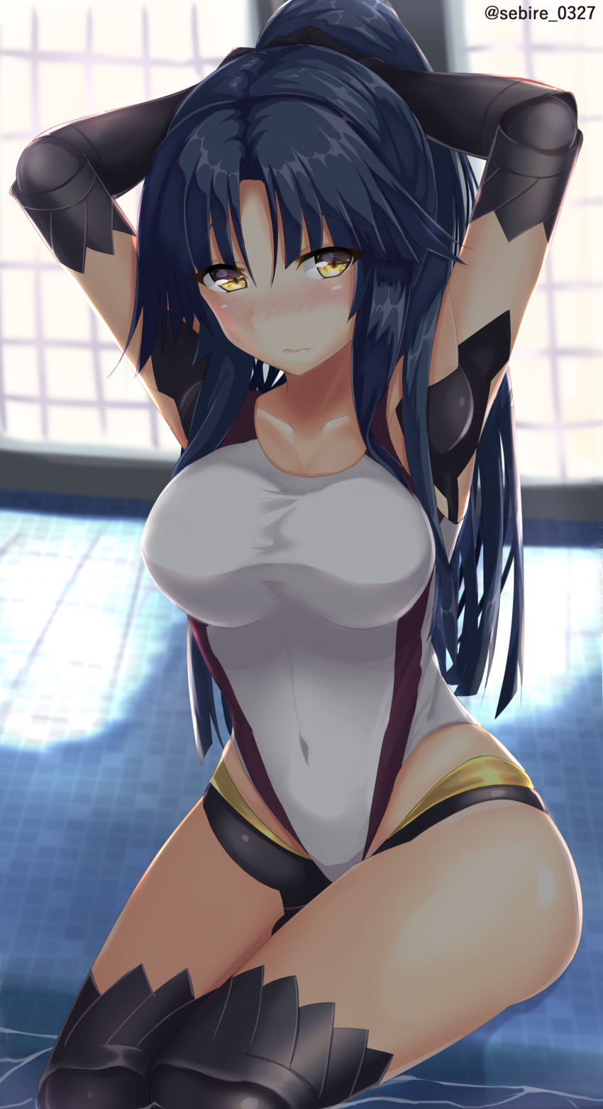 1girl absurdres arms_behind_head black_hair blush breasts bunching_hair collarbone commentary_request competition_swimsuit covered_navel fate/grand_order fate_(series) highres katou_danzou_(fate/grand_order) large_breasts long_hair one-piece_swimsuit poolside robot_joints sebire sitting solo swimsuit taut_clothes taut_swimsuit twitter_username wavy_mouth white_swimsuit window yellow_eyes