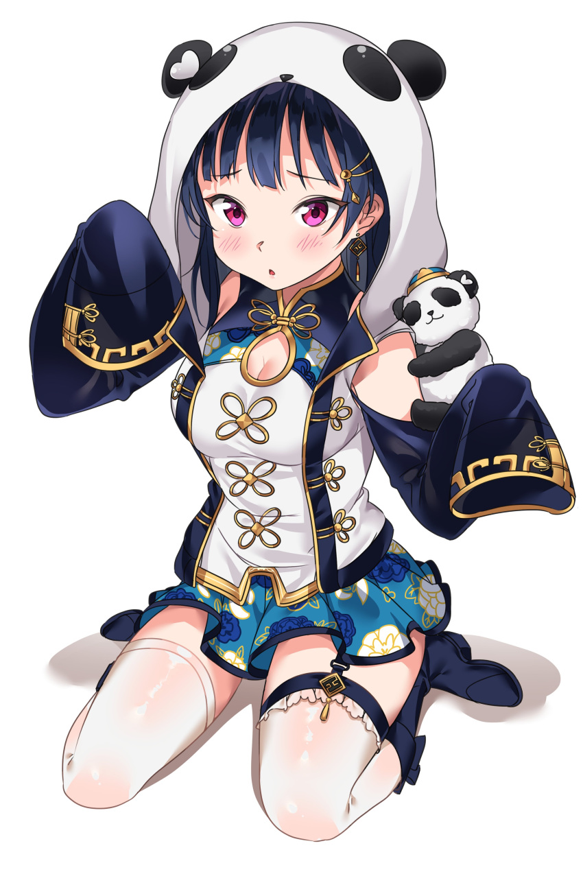 1girl absurdres bangs blue_footwear blue_hair blue_skirt blush breasts chinese_clothes cleavage_cutout detached_sleeves earrings eyebrows_visible_through_hair floral_print hair_bun hair_ornament highres jewelry kneeling long_hair long_sleeves looking_at_viewer love_live! love_live!_sunshine!! open_mouth panda panda_hood shirt side_bun simple_background skirt sleeves_past_fingers sleeves_past_wrists smile solo stuffed_animal stuffed_toy tem10 thigh-highs thigh_strap tsushima_yoshiko violet_eyes white_background white_legwear wide_sleeves zettai_ryouiki