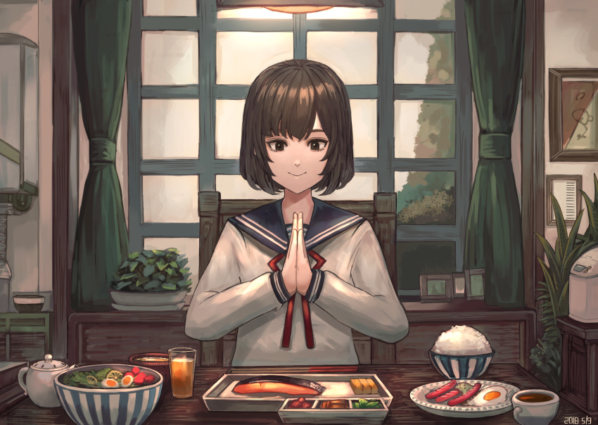1girl akainoda bowl brown_hair cup curtains dated drink egg food food_request glass hands_together highres indoors mug original picture_frame plant plate potted_plant rice school_uniform short_hair smile table teapot upper_body window