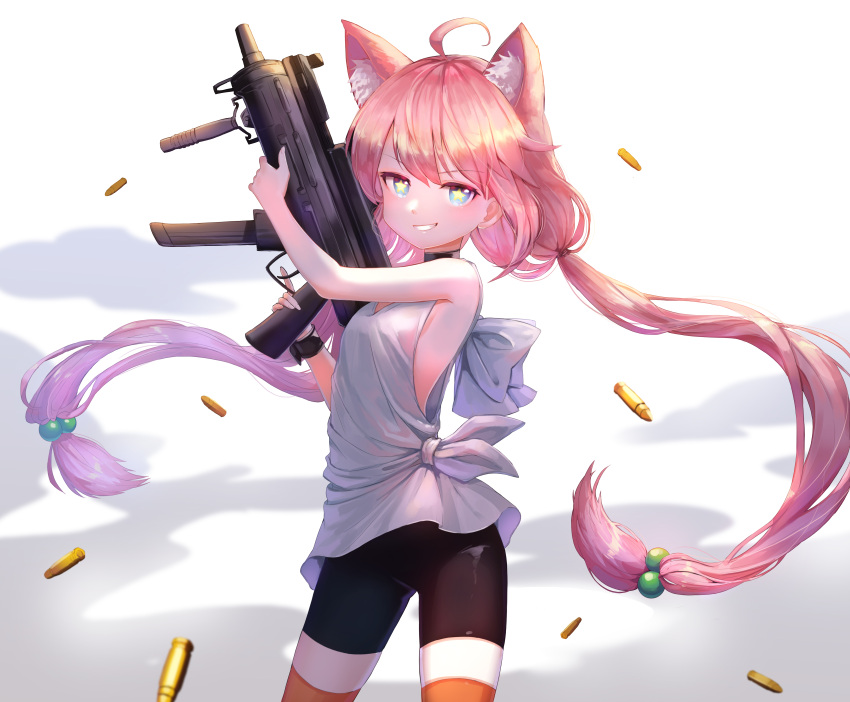 1girl absurdres ahoge animal_ears black_legwear blue_eyes blush cat_ears eyebrows_visible_through_hair gun hair_bobbles hair_ornament highres hinata_channel holding holding_gun holding_weapon long_hair looking_at_viewer nekomiya_hinata oso_5425 pantyhose parted_lips pink_hair shell_casing smile solo star star-shaped_pupils symbol-shaped_pupils teeth twintails very_long_hair weapon