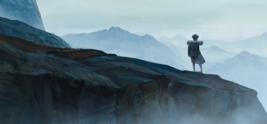 .kitsuna backpack bag black_hair cliff clouds cloudy_sky commentary_request day facing_away from_behind grey_sky long_sleeves mountain original outdoors overcast scenery sky standing