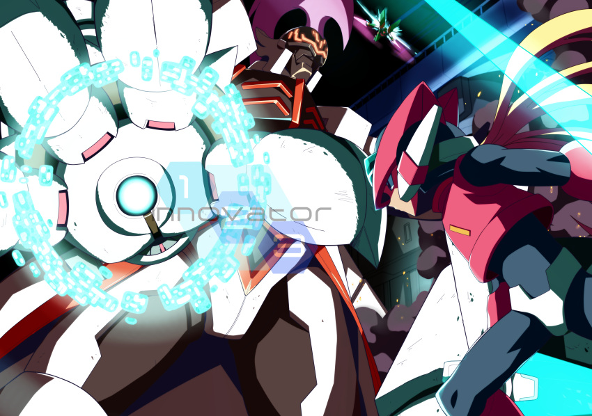 3boys absurdres android armor battle beam_saber blonde_hair bodystocking bodysuit commentary dual_wielding energy_blade energy_sword english_commentary gloves glowing harpuia helmet highres holding innovator123 long_hair multiple_boys omega_(rockman) robot rockman rockman_zero rockman_zero_3 sword weapon zero_(rockman)