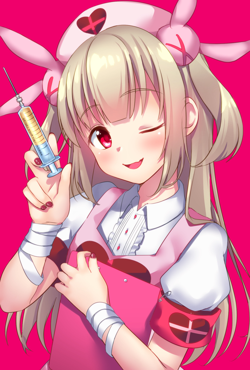 1girl ;d armband bandage bandaged_arm bandages bangs blonde_hair blush bunny_hair_ornament center_frills character_name clipboard collared_shirt commentary_request eyebrows_visible_through_hair frilled_shirt frills hair_ornament hat heart heart_print highres hio_(hiohio0306) holding holding_syringe long_hair looking_at_viewer nail_polish natori_sana nurse nurse_cap one_eye_closed open_mouth pink_background pink_eyes puffy_short_sleeves puffy_sleeves purple_nails safety_pin sana_channel shirt short_sleeves simple_background smile solo straight_hair syringe two_side_up very_long_hair virtual_youtuber white_shirt wing_collar