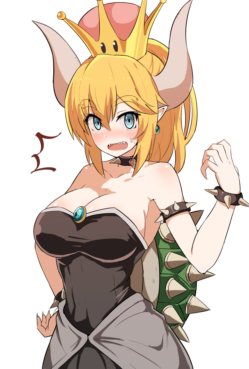 1girl absurdres bare_shoulders blonde_hair blue_eyes blush bowsette breasts cleavage comic crown dress earrings eyebrows_visible_through_hair half-closed_eyes hand_on_hip highres horns jewelry looking_at_viewer super_mario_bros. new_super_mario_bros._u_deluxe nintendo okitsugu pointy_ears ponytail sharp_teeth shell simple_background solo spiked_shell super_crown surprised sweatdrop teeth translation_request white_background