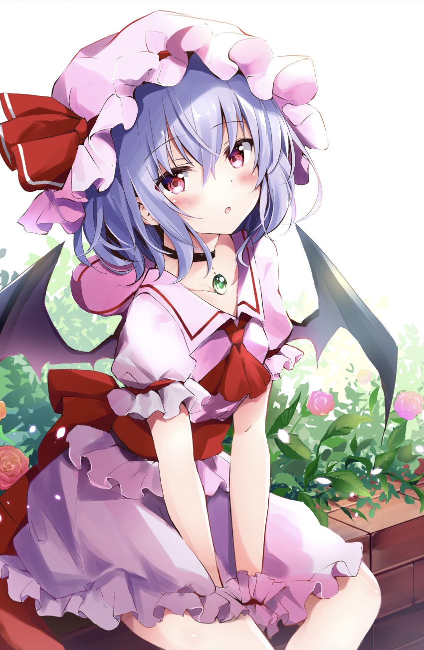 1girl ascot bangs bat_wings black_choker blue_hair blush breasts brooch choker collarbone dress eyebrows_visible_through_hair feet_out_of_frame flower hair_between_eyes hat hat_ribbon head_tilt highres hyurasan jewelry leaf looking_at_viewer mob_cap orange_flower orange_rose parted_lips petals pink_dress pink_eyes pink_flower pink_hat pink_rose puffy_short_sleeves puffy_sleeves red_flower red_neckwear red_ribbon red_rose red_sash remilia_scarlet ribbon rose sash short_hair short_sleeves sitting small_breasts solo thighs touhou v_arms white_background wings wrist_cuffs