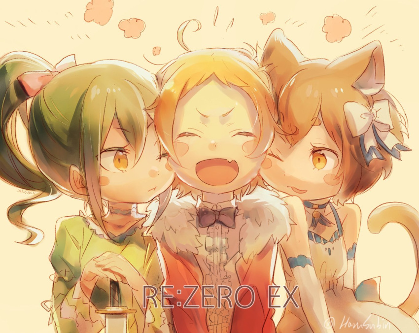 1girl 2boys animal_ears blonde_hair brown_hair cat_ears crusch_karsten felix_argyle fourier_rugnica green_hair multiple_boys re:zero_kara_hajimeru_isekai_seikatsu