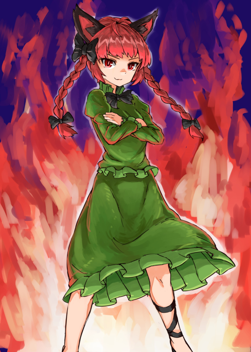 1girl :3 absurdres animal_ears black_bow black_neckwear bow bowtie braid cat_ears closed_mouth crossed_arms dress fire green_dress hair_bow highres juliet_sleeves kaenbyou_rin long_hair long_sleeves looking_at_viewer nob1109 puffy_sleeves red_eyes redhead solo touhou twin_braids