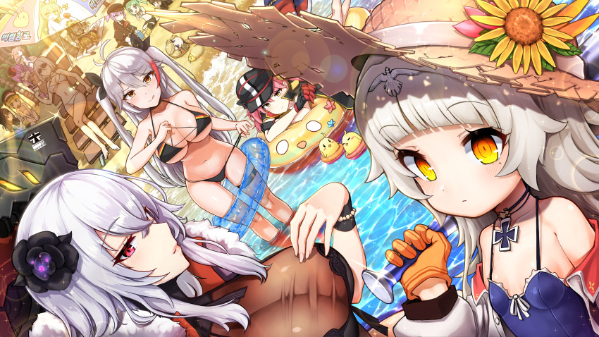 6+girls :q absurdres admiral_hipper_(azur_lane) ahoge alternate_costume antenna_hair armband azur_lane bangs bare_shoulders baseball_bat beach bikini bikini_tug black_bikini black_flower black_hair black_swimsuit blonde_hair blue_eyes blunt_bangs blush bow breasts brown_eyes bucket chair cleavage closed_mouth collarbone cross cross_earrings day deutschland_(azur_lane) drinking drooling earrings eyebrows_visible_through_hair flag_print flower german_flag_bikini gloves graf_zeppelin_(azur_lane) green_eyes gui_ss hair_between_eyes hair_bow hair_flower hair_ornament hat hat_flower headgear highres holding_baseball_bat huge_filesize innertube iron_cross jewelry large_breasts legs_crossed long_hair looking_at_viewer lounge_chair machinery mechanical_hand medium_breasts mole mole_on_breast mole_under_eye multicolored_hair multiple_girls ocean one-piece_swimsuit open_mouth outdoors palm_tree peaked_cap prinz_eugen_(azur_lane) reclining red_eyes redhead ribbon rigging sand sand_bucket sand_castle sand_sculpture seiza sharp_teeth short_hair silver_hair sitting sleeping small_breasts smile sparkle sparkling_eyes straw_hat streaked_hair sunglasses swimsuit taut_clothes taut_swimsuit teeth tirpitz_(azur_lane) tongue tongue_out tree two_side_up umbrella very_long_hair wading yellow_eyes z21_(azur_lane) z23_(azur_lane) z25_(azur_lane) z46_(azur_lane)