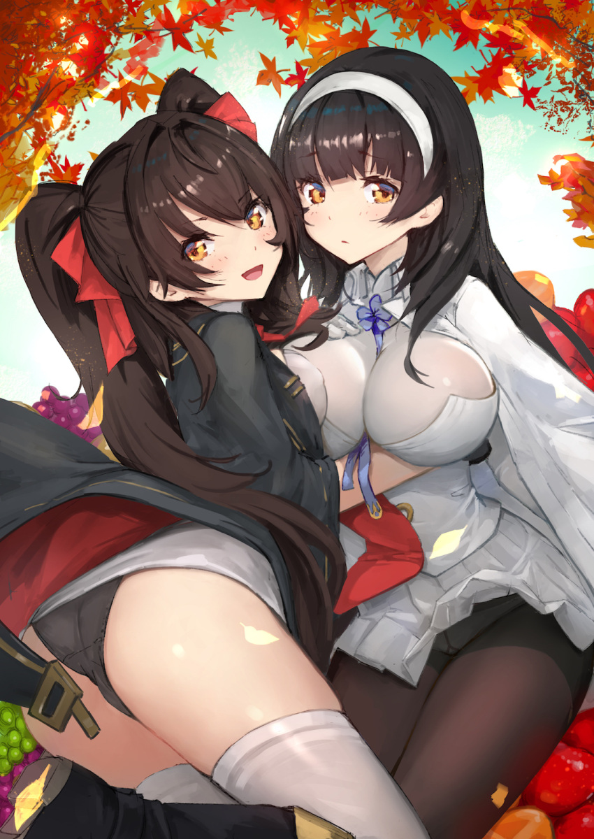 2girls asarokuji ass autumn autumn_leaves between_breasts black_hair breasts commentary_request eyebrows_visible_through_hair girls_frontline hair_ribbon hairband highres large_breasts looking_at_viewer multiple_girls panties panties_under_pantyhose pantyhose pleated_skirt qbz-95_(girls_frontline) qbz-97_(girls_frontline) ribbon skirt smile thigh-highs twintails underwear yellow_eyes