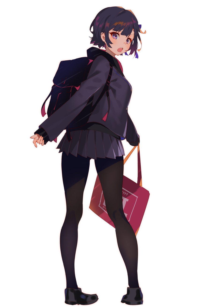 1girl absurdres arutera backpack bag blue_skirt hair_ribbon highres holding holding_bag hood hoodie jacket looking_at_viewer looking_back open_mouth original pantyhose pigeon-toed pleated_skirt purple_hair ribbon shoes short_hair simple_background skirt solo standing violet_eyes