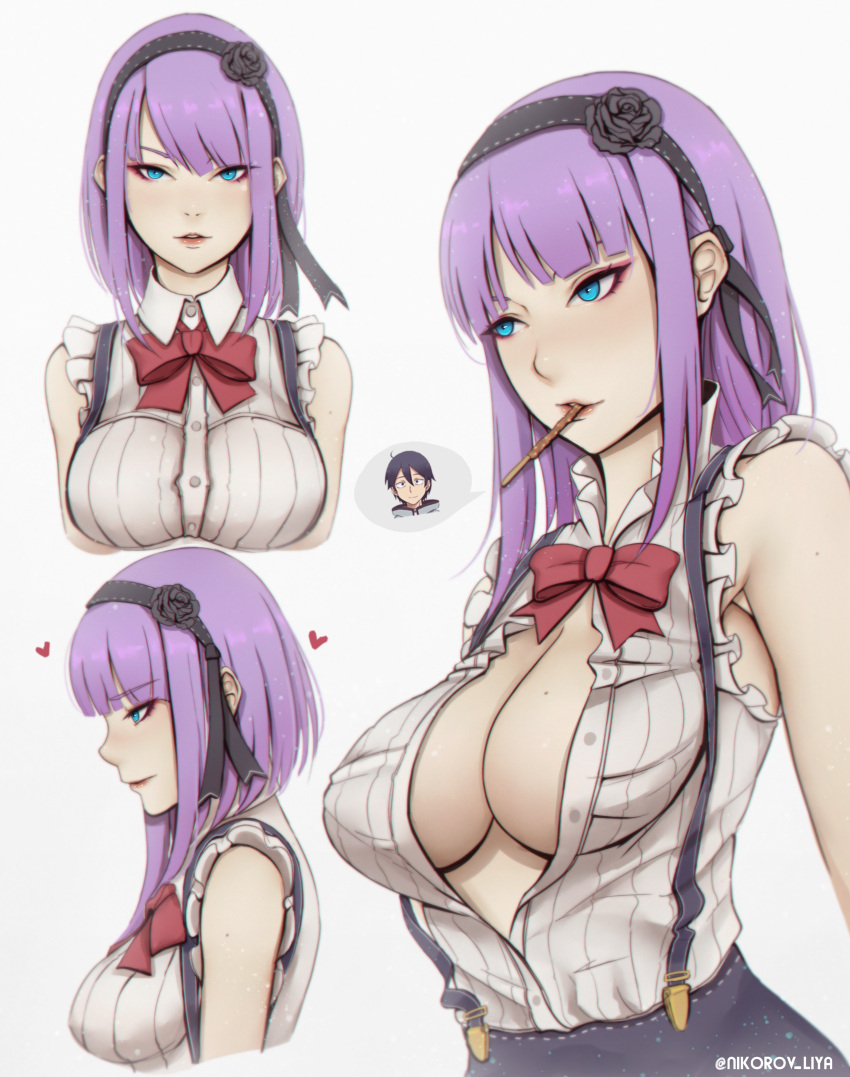 1boy 1girl absurdres ahoge armpits bangs bare_arms biting black_flower black_hair black_hairband black_rose blue_eyes blue_skirt bow breasts cleavage commentary_request covered_nipples dagashi_kashi eyeshadow flower food frills hair_between_eyes hair_flower hair_ornament hairband high-waist_skirt highres large_breasts liya_nikorov makeup no_bra parted_lips purple_hair red_bow red_neckwear ribbon rose shidare_hotaru shikada_kokonotsu short_hair skirt sleeveless smile suspender_skirt suspenders umaibou unbuttoned unbuttoned_shirt