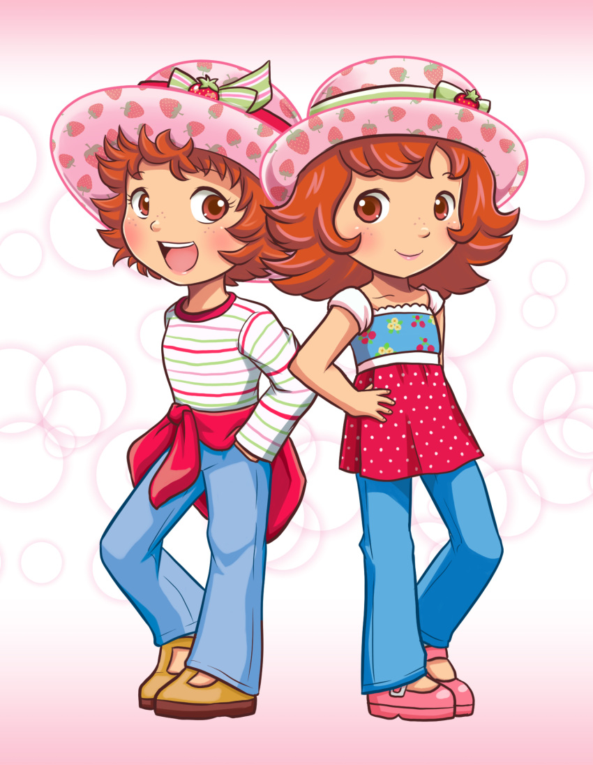 2girls commentary english_commentary food hat highres j8d mary_janes multiple_girls no_socks redhead shoes strawberry_shortcake_(copyright) strawberry_shortcake_(sbsc)