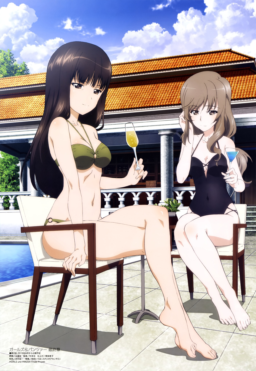 2girls absurdres bangs bare_shoulders bikini black_hair black_swimsuit blush breasts brown_eyes brown_hair casual_one-piece_swimsuit chair champagne_flute cleavage clouds cocktail_glass covered_navel cup drink drinking_glass eyebrows_visible_through_hair feet girls_und_panzer green_bikini highres holding holding_cup legs_crossed long_hair looking_at_viewer mature medium_breasts megami multiple_girls navel nishizumi_shiho o-ring o-ring_bikini official_art one-piece_swimsuit plant poolside scan shimada_chiyo shiny shiny_hair sitting sky smile swimsuit tile_floor tiles tree wang_guo_nian water