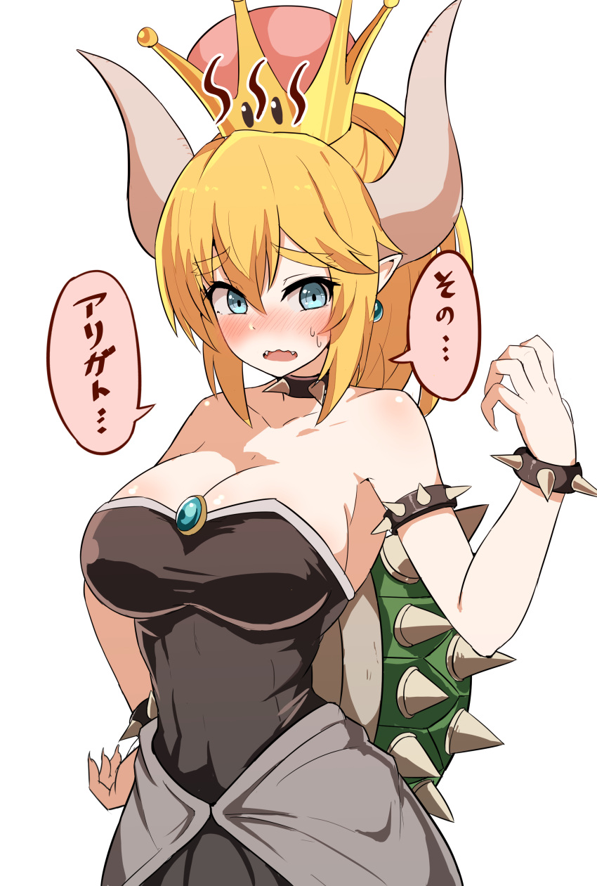 1girl absurdres bare_shoulders blonde_hair blue_eyes blush bowsette breasts cleavage comic crown dress earrings eyebrows_visible_through_hair fangs half-closed_eyes hand_on_hip highres horns jewelry looking_at_viewer super_mario_bros. new_super_mario_bros._u_deluxe nintendo okitsugu pointy_ears ponytail shell simple_background solo speech_bubble spiked_shell super_crown sweatdrop text_focus translation_request wavy_mouth white_background