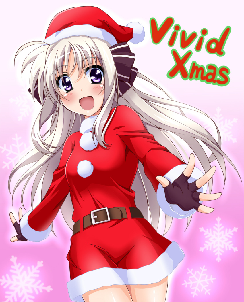 1girl :d belt black_bow black_gloves blush bow copyright_name cowboy_shot dress eyebrows_visible_through_hair fingerless_gloves floating_hair fur_trim gloves hair_between_eyes hair_bow hat highres long_hair looking_at_viewer lyrical_nanoha open_mouth red_dress red_hat rinne_berlinetta santa_costume shiny shiny_hair short_dress silver_hair smile snowflakes solo standing very_long_hair violet_eyes vivid_strike! yorousa_(yoroiusagi)