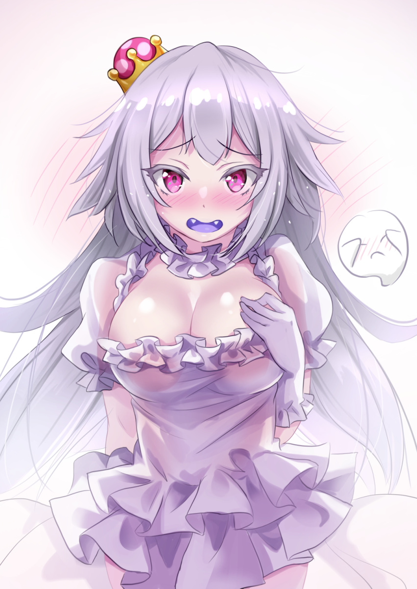 1girl blue_tongue blush boo breasts cleavage crown dress embarrassed eyebrows_visible_through_hair fangs frilled_dress frills gloves highres kibihimi large_breasts long_hair looking_at_viewer luigi's_mansion super_mario_bros. new_super_mario_bros._u_deluxe nintendo open_mouth pink_eyes princess_king_boo puffy_short_sleeves puffy_sleeves short_sleeves silver_hair super_crown white_dress white_gloves