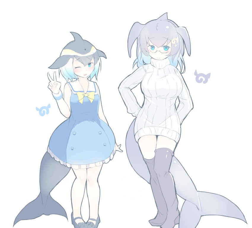 2girls ;d absurdres arms_behind_back blue_dress blue_eyes blue_hair blue_whale_(kemono_friends) boots commentary common_dolphin_(kemono_friends) dolphin_tail dress eyebrows_visible_through_hair fins glasses grey_footwear grey_hair hair_ornament hairclip highres japari_symbol kanzakietc kemono_friends looking_at_viewer multicolored_hair multiple_girls one_eye_closed open_mouth ribbed_sweater sailor_dress simple_background sleeveless sleeveless_dress smile sweater tail thigh-highs thigh_boots turtleneck turtleneck_sweater v whale_tail_(animal_tail) white_background white_sweater wristband