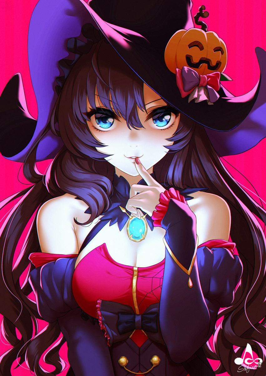 1girl artist_logo bangs blue_eyes bow breasts brown_hair cleavage finger_to_mouth hair_between_eyes halloween_costume hat highres ichinose_shiki idolmaster idolmaster_cinderella_girls infinote jack-o'-lantern jewelry juliet_sleeves long_hair long_sleeves looking_at_viewer medium_breasts necklace parted_lips pendant pink_background puffy_sleeves smile solo underbust witch witch_hat