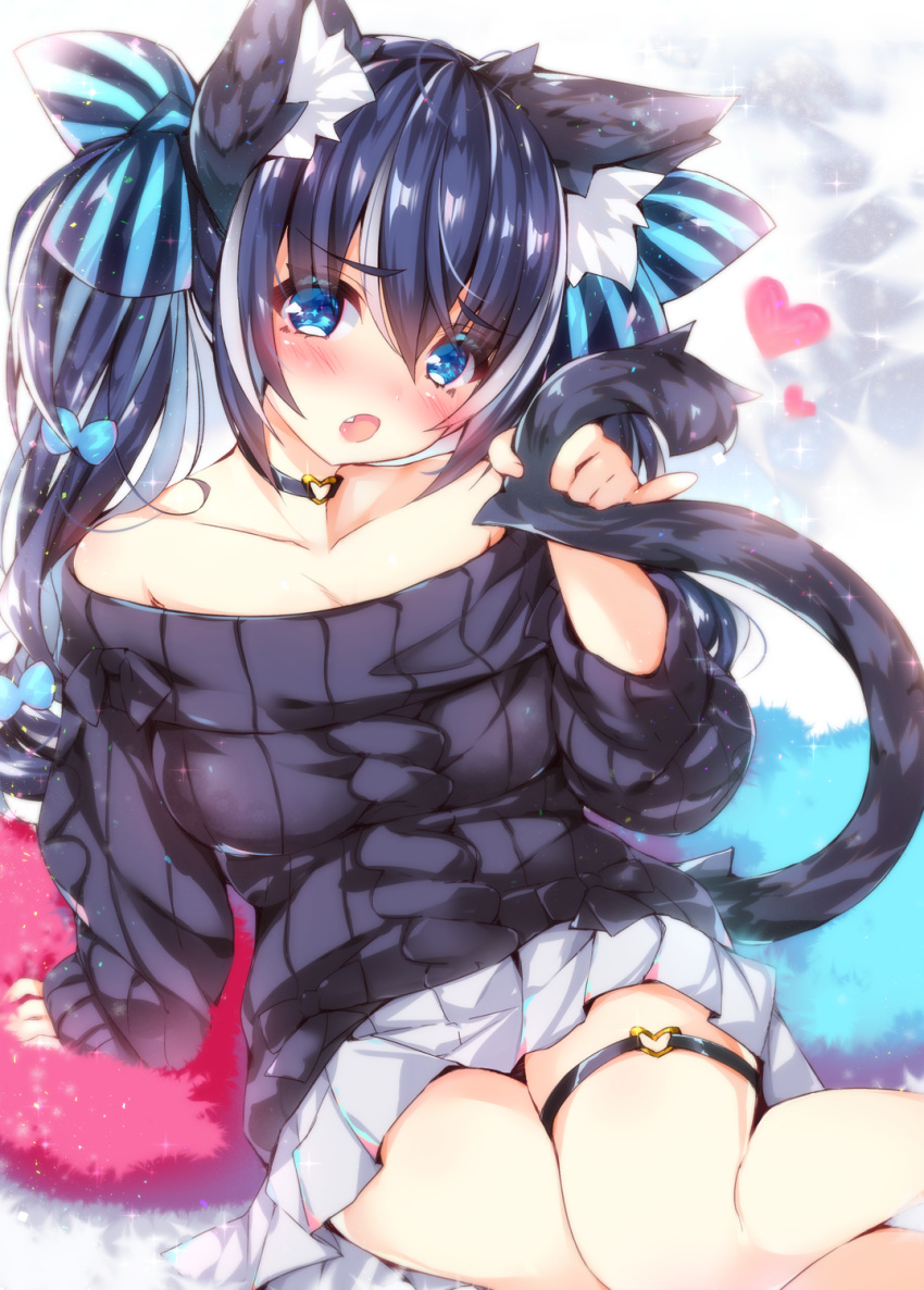 1girl :o ahoge animal_ear_fluff animal_ears arm_support bare_shoulders black_hair black_sweater blue_bow blush bow breasts cat_ears cat_girl cat_tail collarbone commentary_request fang hair_bow head_tilt heart highres holding_own_tail long_hair long_sleeves medium_breasts off-shoulder_sweater ooji_cha open_mouth original pinky_out pleated_skirt skirt sleeves_past_wrists solo sparkle striped striped_bow sweater tail tail_raised thigh_strap twintails very_long_hair white_skirt