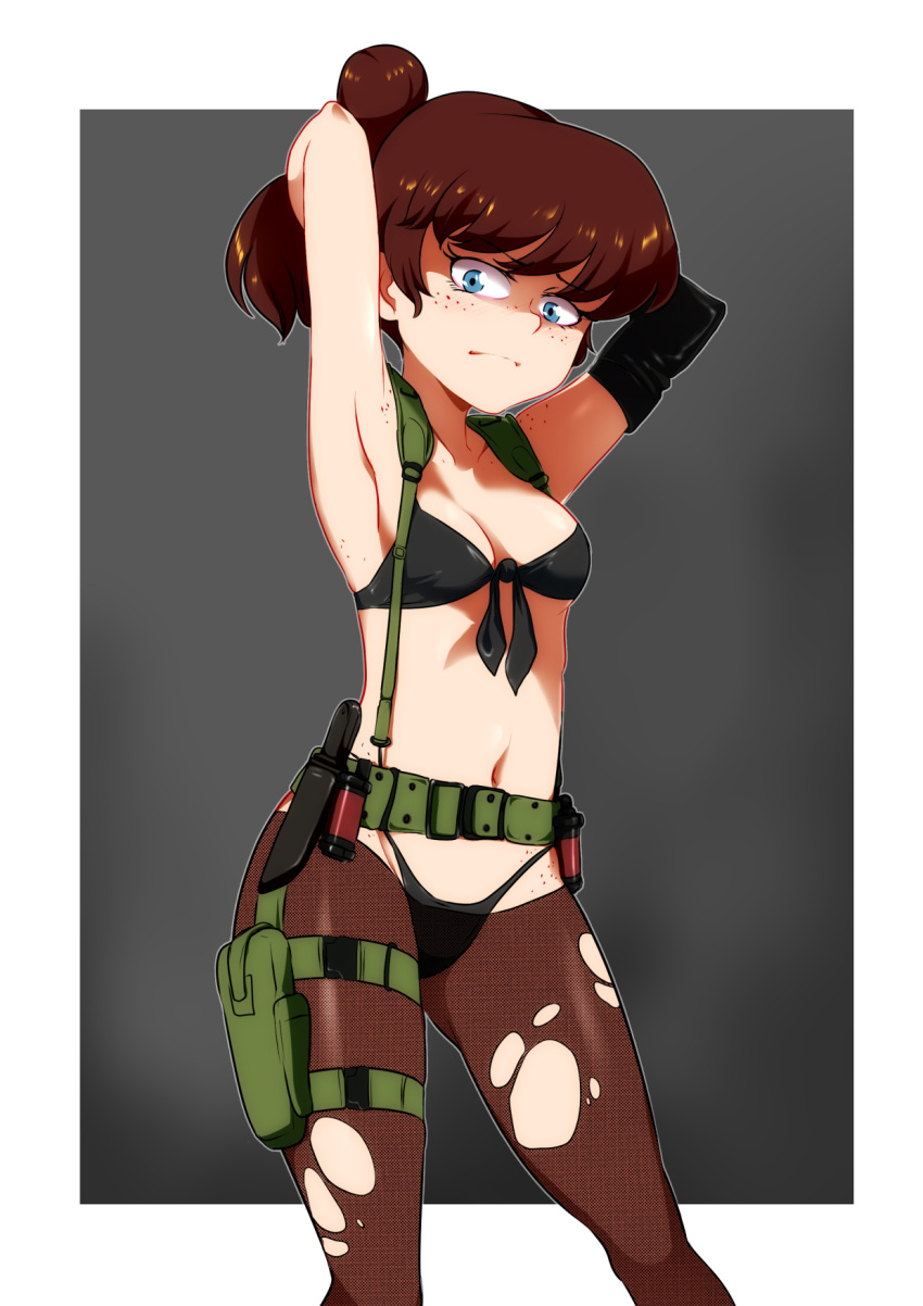 1girl armpits arms_up blue_eyes breasts brown_hair cosplay freckles front-tie_top frown gloves high_ponytail highleg highleg_panties highres holster jcm2 knife lynn_loud metal_gear_(series) metal_gear_solid_v navel panties pantyhose quiet_(metal_gear) quiet_(metal_gear)_(cosplay) single_glove small_breasts solo the_loud_house torn_clothes torn_pantyhose underwear