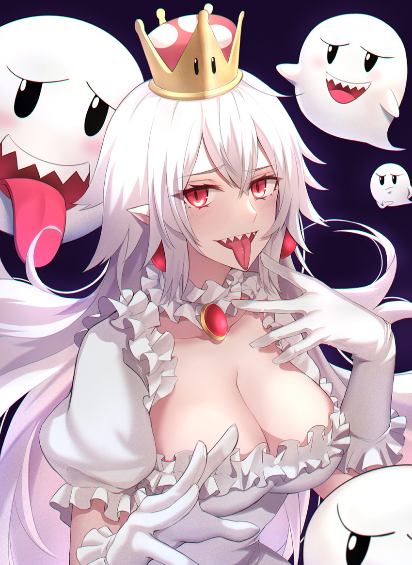 1girl :p blush boo breasts choker cleavage collarbone gloves highres large_breasts long_hair looking_at_viewer luigi's_mansion super_mario_bros. new_super_mario_bros._u_deluxe nintendo open_mouth pointy_ears princess_king_boo puffy_short_sleeves puffy_sleeves red_eyes sharp_teeth shiguru short_sleeves slit_pupils super_crown teeth tongue tongue_out upper_body white_choker white_gloves white_hair