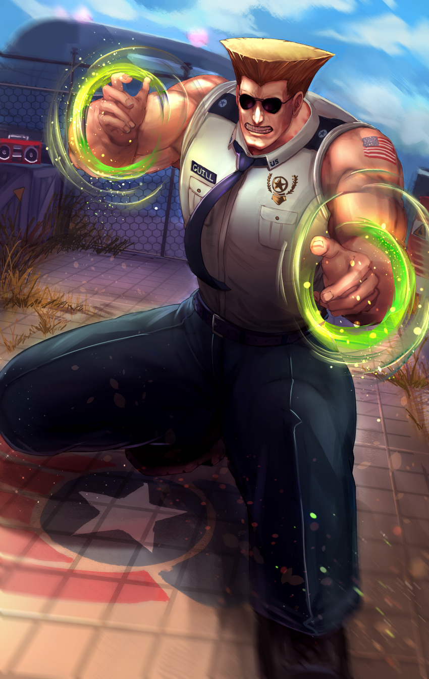 1boy absurdres akainoda american_flag aura black_footwear blonde_hair blue_neckwear blue_sky boombox box clenched_teeth day fence grass guile highres male_focus muscle necktie outdoors pants pocket sky sleeves_rolled_up solo street_fighter sunglasses tattoo teeth