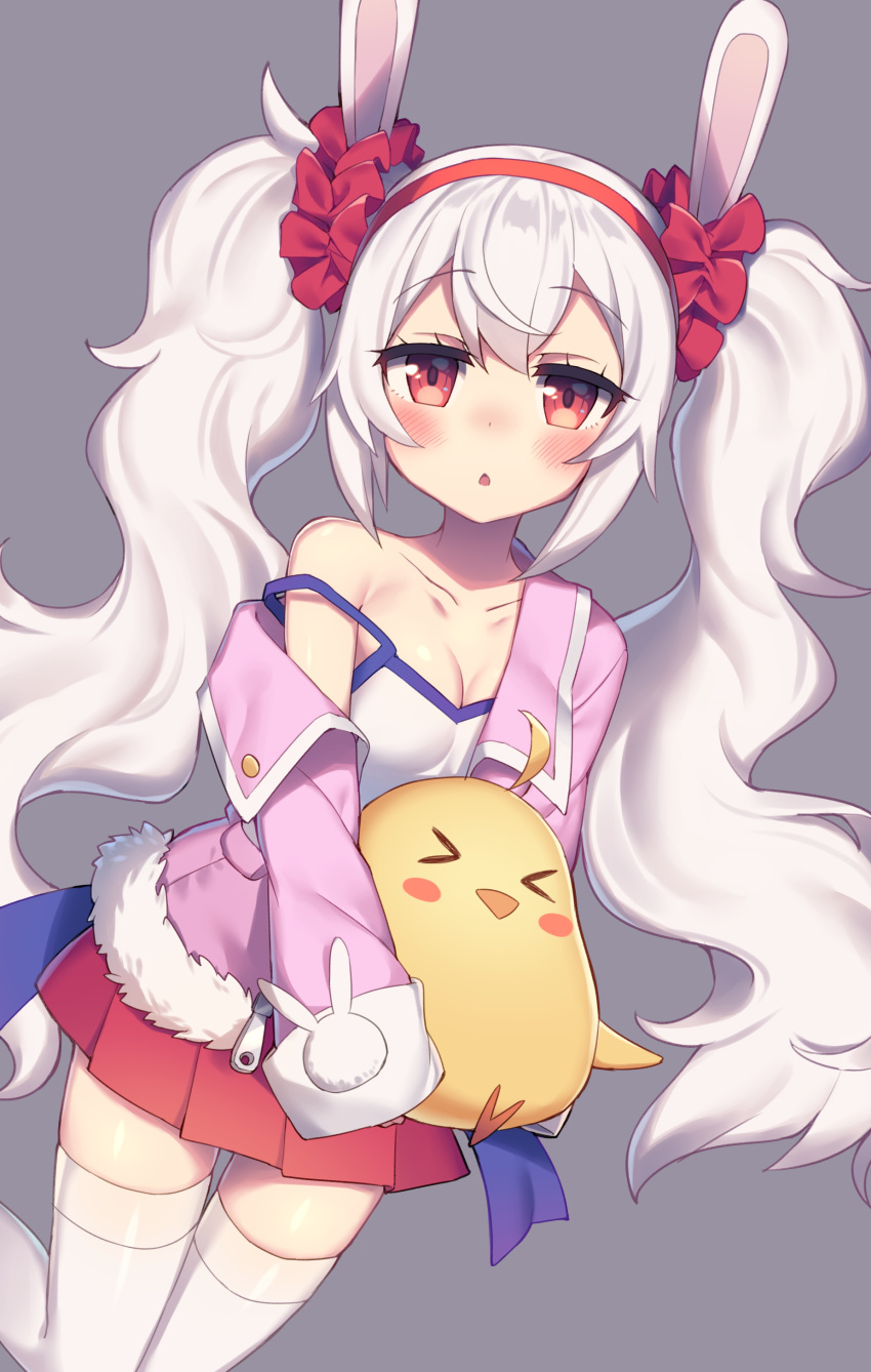 &gt;_&lt; 1girl :&gt; absurdres animal animal_ears azur_lane bangs bird blush blush_stickers breasts camisole chick cleavage closed_eyes collarbone commentary_request eyebrows_visible_through_hair fur-trimmed_jacket fur_trim grey_background hair_between_eyes hairband highres jacket laffey_(azur_lane) long_hair looking_at_viewer off_shoulder open_clothes open_jacket open_mouth parted_lips pink_jacket pleated_skirt rabbit_ears red_eyes red_hairband red_skirt sidelocks silver_hair simple_background skirt sleeves_past_wrists small_breasts solo standing standing_on_one_leg strap_slip thigh-highs twintails very_long_hair wagashi928 white_camisole white_legwear zipper_pull_tab