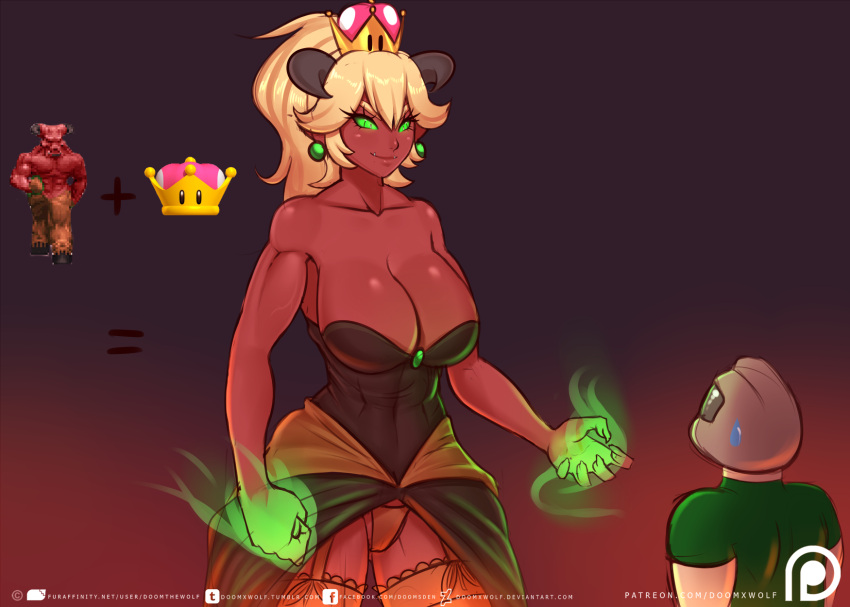 1boy 1girl baron_of_hell blonde_hair breasts cleavage commentary demon_girl doom_(game) doom_x_wolf doomguy earrings english_commentary genderswap genderswap_(mtf) glowing glowing_eyes green_eyes height_difference highres jewelry large_breasts meme size_difference stud_earrings super_crown sweatdrop